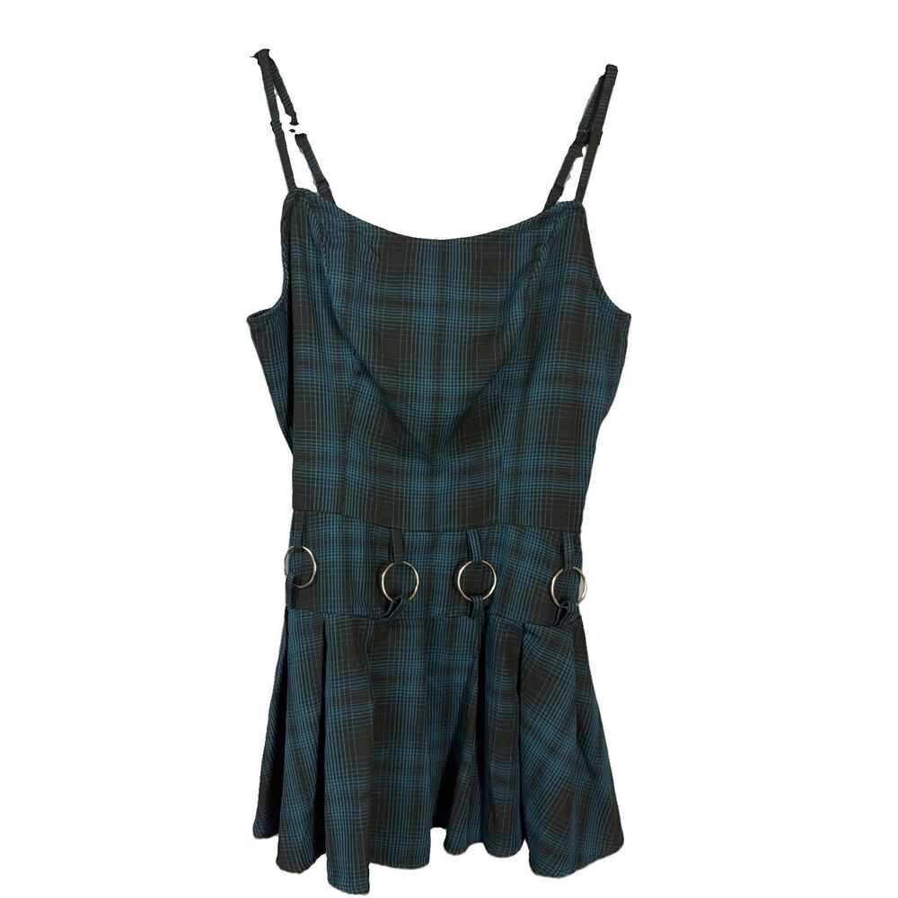 Social Collision Blue Black Plaid Metal Hardware Pleated Mini Dress Size XL Emo